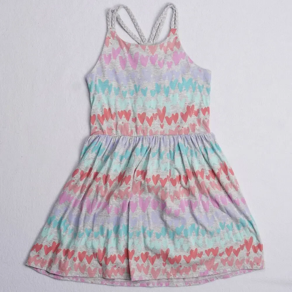 Sonoma Girls Dress Gray Heather Heart Print Braided Racerback Straps Size 8